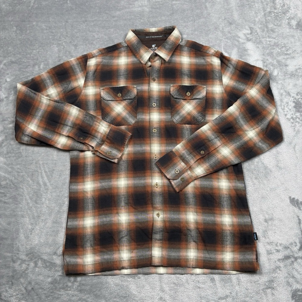 KUHL Shirt Mens Medium Button Down Orange Plaid Flannel Long Sleeve Dillinger